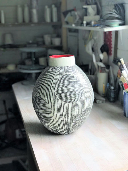 Large Monochrome Moon Jar with Circles. SOLD